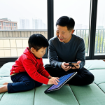 A diverse Chinese family in a modern, sustainable home. The parents review a digital energy bill on a sleek tablet, while their child plays with an educational toy made from recycled materials. Through a large window, a rooftop solar panel system is visible on a neighboring building, symbolizing the shift towards clean energy. The scene depicts daily life adapting to new energy costs and embracing green living. Fully clothed, appropriate attire, modest clothing, safe for work, professional dress, appropriate content, family-friendly, perfect anatomy, correct proportions, natural pose, well-formed hands, proper finger count, natural body proportions, professional photography, high quality.