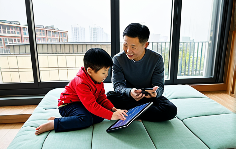 A diverse Chinese family in a modern, sustainable home. The parents review a digital energy bill on a sleek tablet, while their child plays with an educational toy made from recycled materials. Through a large window, a rooftop solar panel system is visible on a neighboring building, symbolizing the shift towards clean energy. The scene depicts daily life adapting to new energy costs and embracing green living. Fully clothed, appropriate attire, modest clothing, safe for work, professional dress, appropriate content, family-friendly, perfect anatomy, correct proportions, natural pose, well-formed hands, proper finger count, natural body proportions, professional photography, high quality.