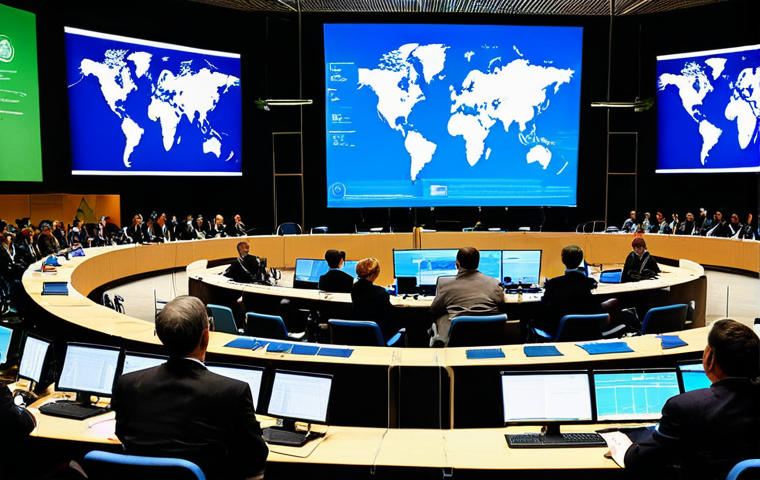 International Climate Conference**

"Delegates from various nations, fully clothed in professional business attire, discussing carbon budget policies at a UN climate conference. Large screens display charts and graphs illustrating global emissions targets. A diverse group of people actively engaged in discussion. Modern conference center, bright lighting, safe for work, appropriate content, perfect anatomy, natural proportions, professional, family-friendly."

**