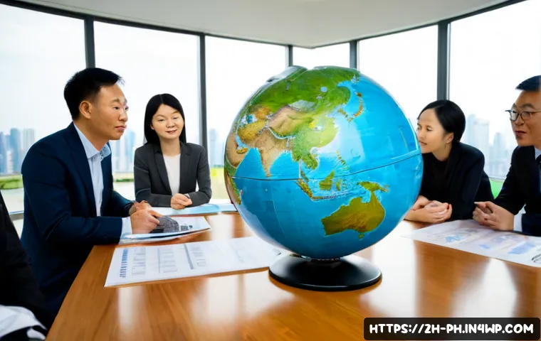 탄소예산의 미래 전망 및 전략 - Photorealistic climate strategy meeting in a bright modern workspace, diverse sustainability experts...
