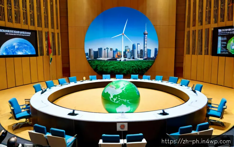 탄소예산의 국제적 합의 및 협약 - Photorealistic international climate summit, diverse senior diplomats and environmental scientists s...